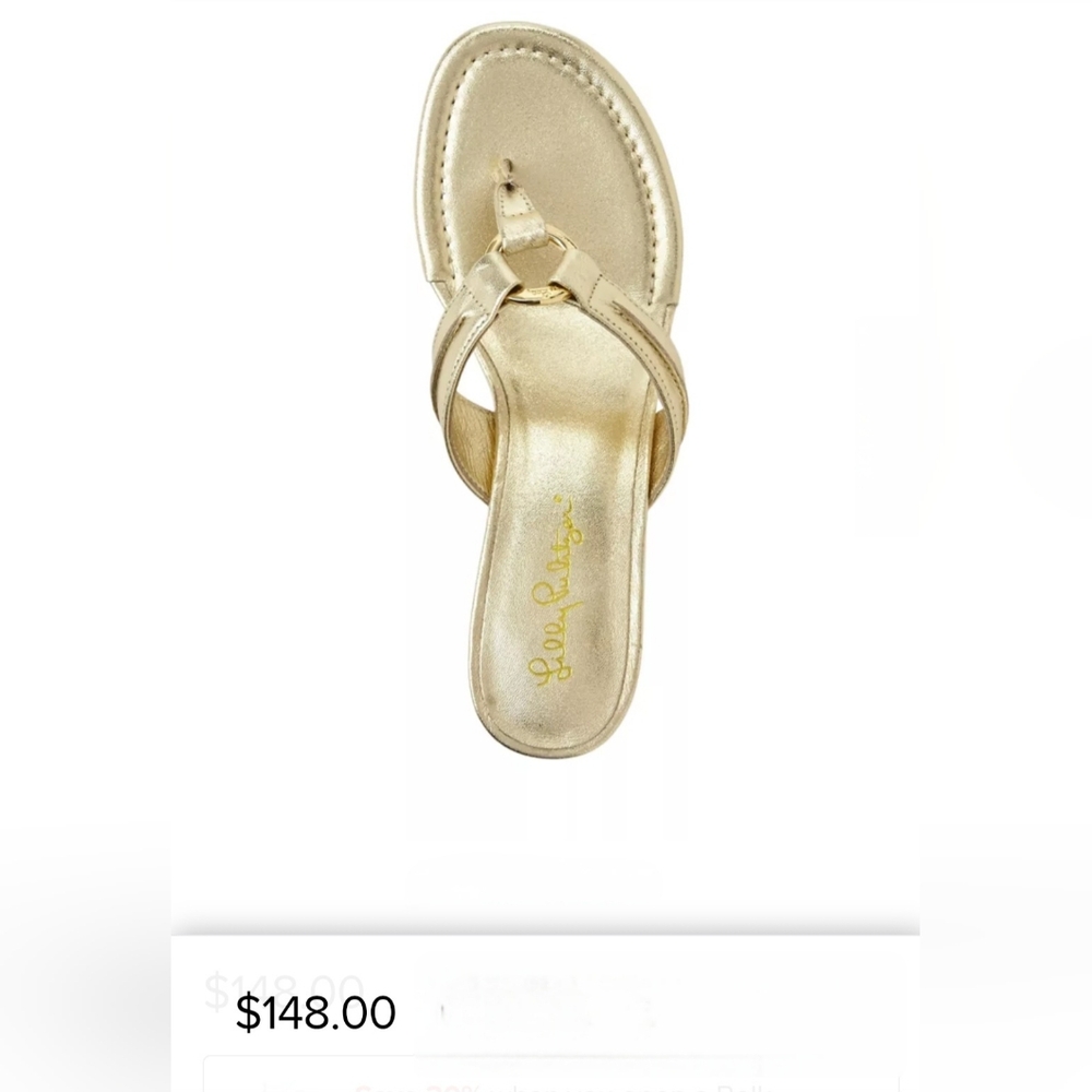 Lilly Pulitzer Metallic Gold T-strap Wedge Sandals Sz 6 Coastal Summer Leather